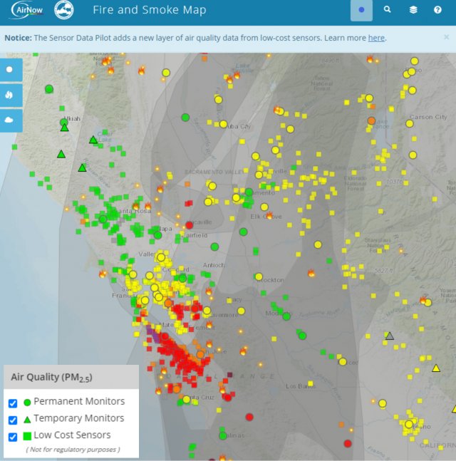 Low cost air sensors displayed on the AirNow Fire and Smoke Map during a wildfire.