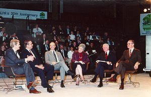 Commemorating EPA's 20th Anniversary,  December 3, 1990, Arena Stage, Washington, DC. Left to Right: William K. Reilly, Lee M. Thomas, James Gustave Speth, Julie Belaga, Russell E. Train, William D. Ruckelshaus.