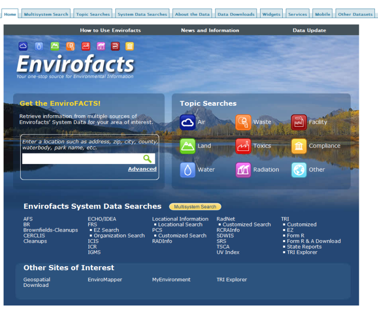 Screenshot of Envirofacts homepage