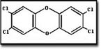 Chemical representation of 2,3,7,8-tetrachlorodibenzo-p-dioxin.