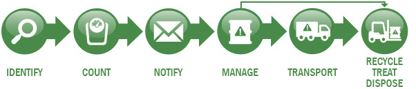 Identify, Count, Notify, Manage, Transport, and Recycle/Treat/Dispose