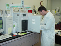 Photo of chemist inspecting GC/MS column.