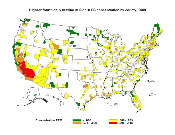 U.S. counties with high ozone concentrations