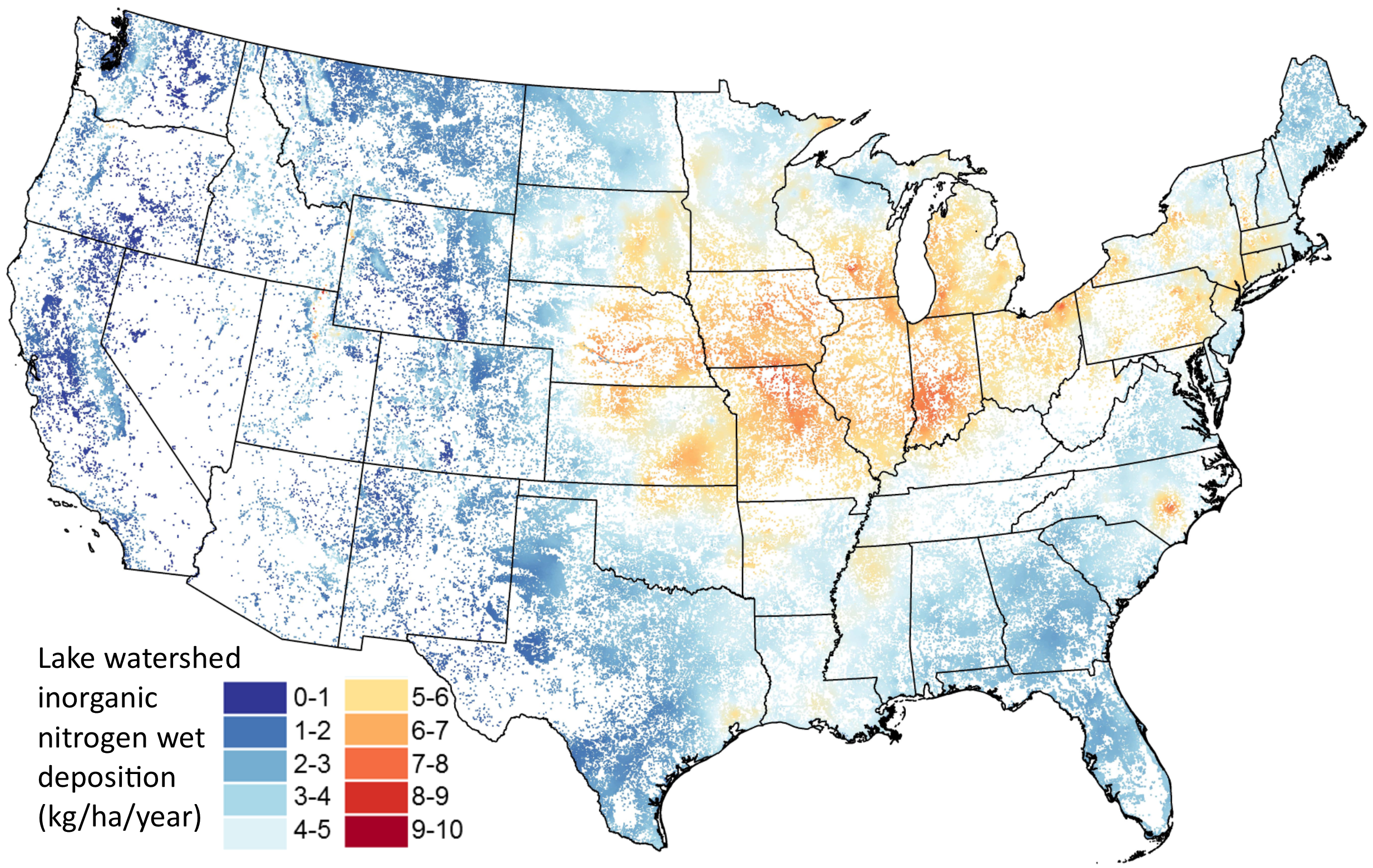 Example of a U.S. map created with LakeCat data of mean watershed inorganic nitrogen wet deposition (kg/ha/year)