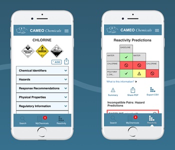 Two sample screenshots from the CAMEO Chemicals mobile app showing a chlorine datasheet and a set of reactivity predictions for a chemical mixture.
