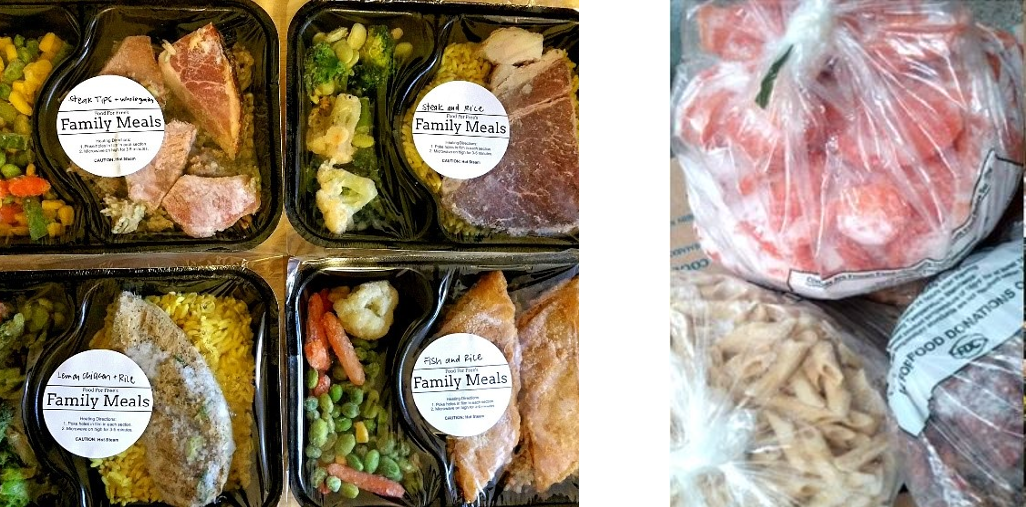 This is two pictures - one of which is four prepared meals for donation and the other is of bags of food for donation