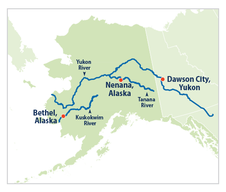Map showing the locations of Nenana, Alaska; Dawson City, Yukon; and Bethel, Alaska.