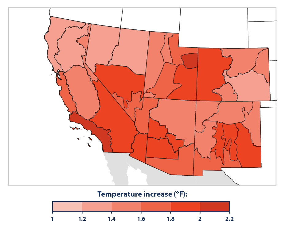 Map showing how the average air temperature from 2000 to 2020 in six southwestern states differed from the long-term average.