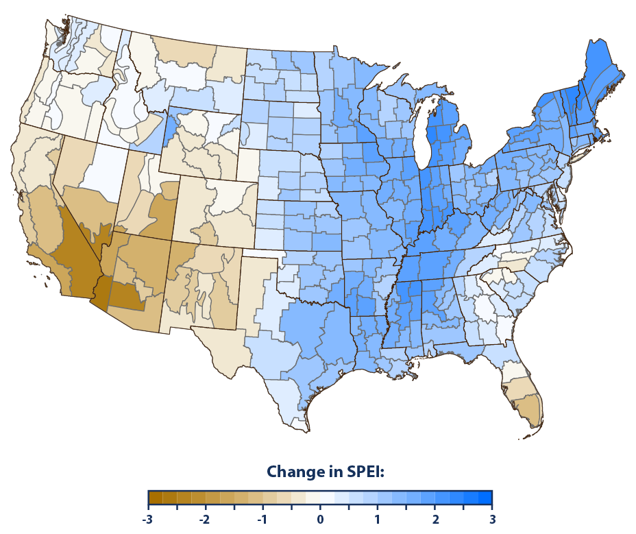 Map showing the total change in drought conditions across the contiguous 48 states, based on the long-term average rate of change in the five-year SPEI over the span of more than a century. 