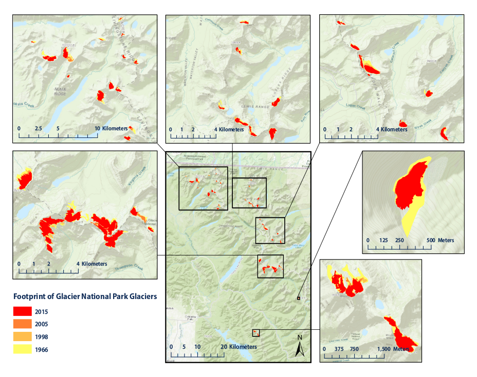 Map showing footprint of glaciers in Glacier National Park in 1966, 1998, 2005, and 2015.