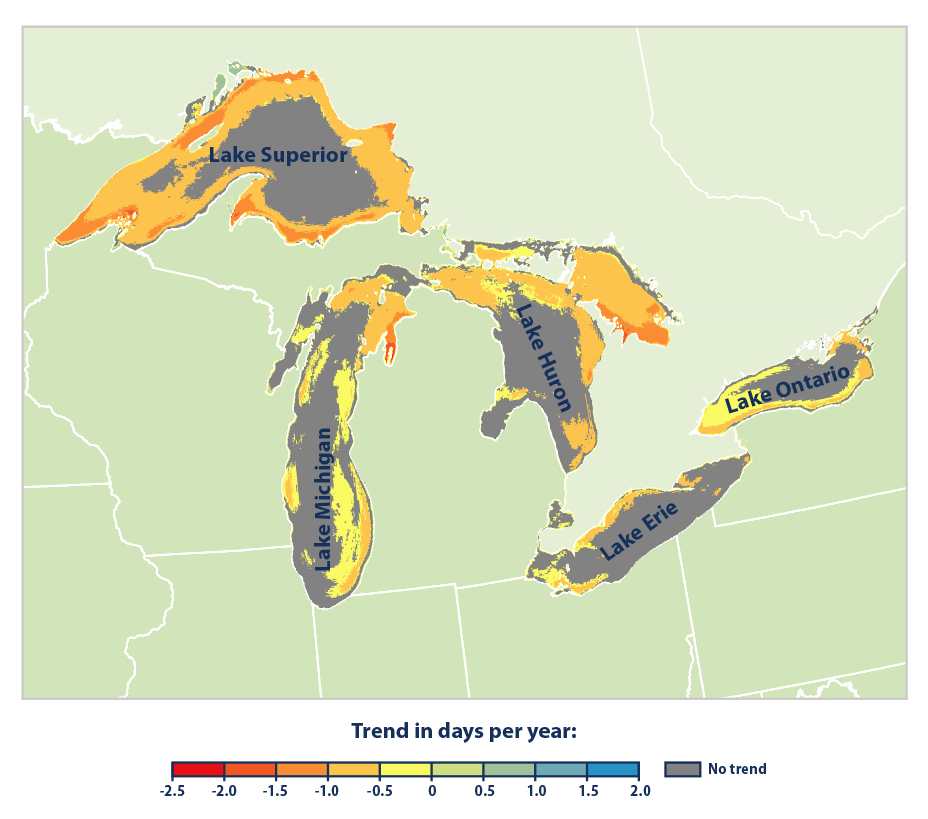 Map showing annual rate of change in ice cover duration in the Great Lakes from 1973 to 2019.