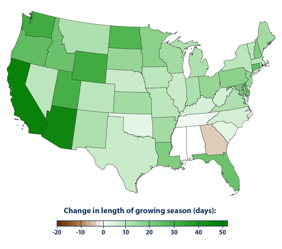 Map showing the changes in the length of the growing season for the contiguous 48 states from 1895 to 2020.