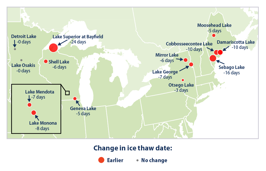 Map showing changes in the timing of thawing at 14 U.S. lakes between 1905 and 2019.