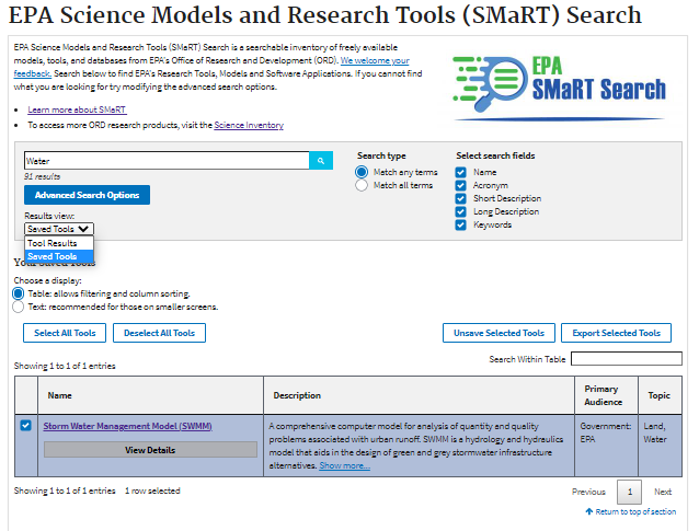 The results list for a search is in view. the tool SWMM is selected to be saved
