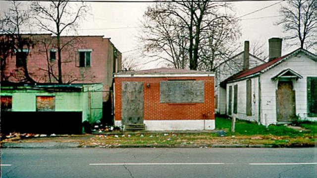 Abandoned shotgun houses in East Russell neighborhood, Louisville, KY.  Photo courtesy of Dr. John Gilderbloom.