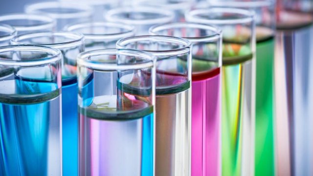 Different color chemicals in test tubes