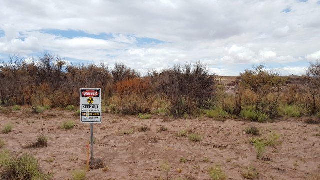 Warning sign in sandy soil in front of brush with opposite bank of river visible in the distance.