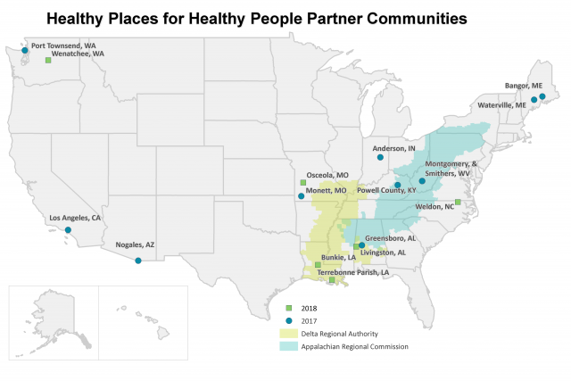 Map showing 2017 to 2018 Healthy Places for Healthy People partner communities