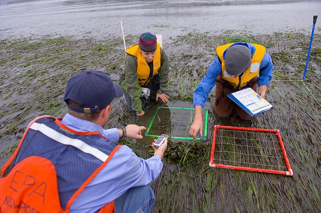 Two EPA researchers are interviewed during field work on a coastal estuary 