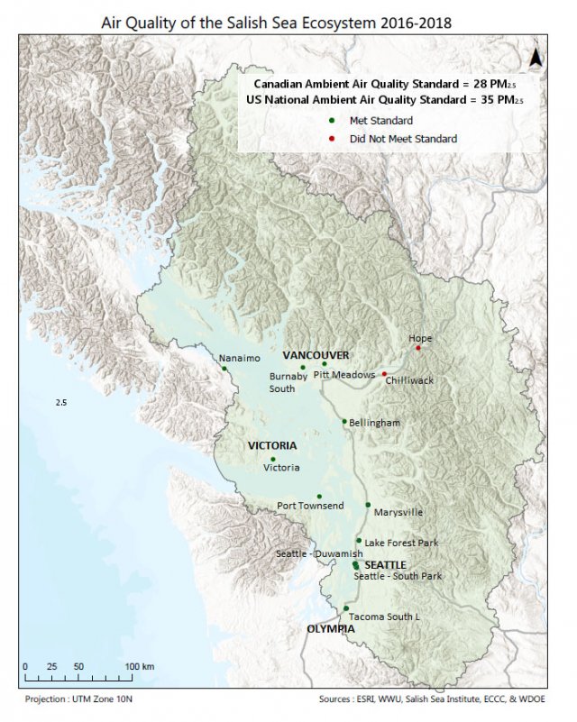 Map showing location of air monitoring locations in the Salish Sea. Of the 13 stations shown on the map, only two (Chilliwack and Hope) did not meet national ambient air quality standards from 2016-2018. Source: ESRI, WWU, Salish Sea Institute, ECCC, WDOE
