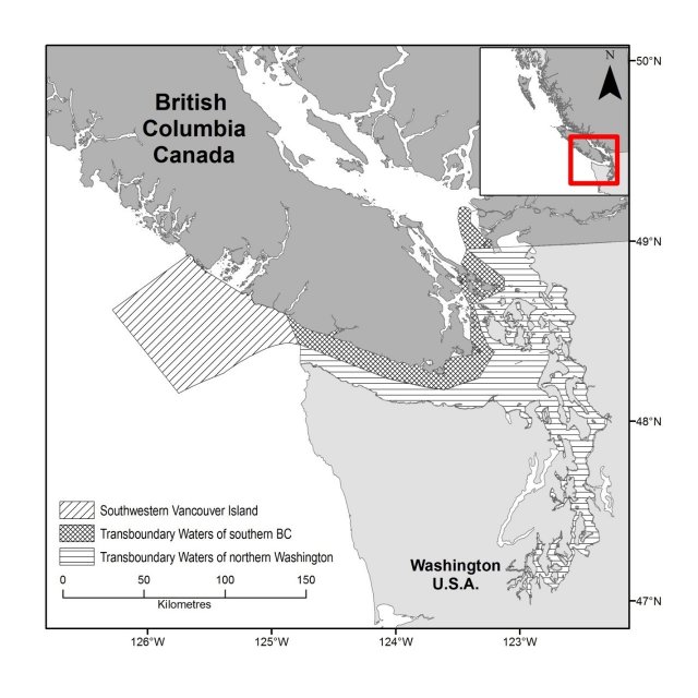 Map showing critical habitat areas for Southern Resident Killer Whale and proposed future areas of critical habitat in Canada and in the transboundary waters of northern Washington. Source: Fisheries and Oceans Canada.