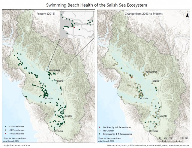 Map showing changes in Salish Sea swimming beaches with exceedances of health standards and guidelines from 2013 to 2018. Data source: ESRI; Western Washington University; Salish Sea Institute; Coastal Health; Metro Vancouver; Washington DoH. 