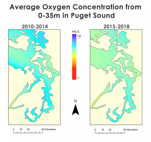 Gradient maps showing average oxygen concentration in Puget Sound at 0-35m for 2010-2014 and 2015-2018.