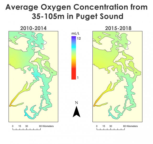 Gradient maps showing average oxygen concentration in Puget Sound at 35-105m for 2010-2014 and 2015-2018.