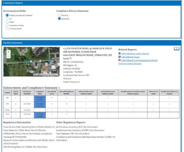 A screenshot of the results screen in EPA's ECHO tool