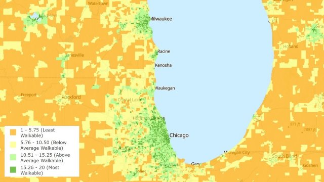 Map shows National Walkability Index scores in the Chicago region with higher scores in central cities