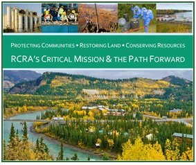 This is the front cover of the RCRA: Critical Mission & the Path Forward report, showing a mountains, a river, a town, two men in hazmat gear, and tanks. 