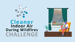 The Cleaner Indoor Air During Wildfires Challenge graphic. The Challenge logo appears next to a graphic of a person sitting in a chair using a laptop while smoke is visible outside a window.