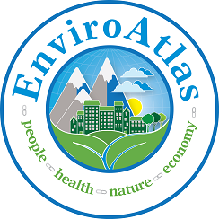 The words "EnviroAtlas - people, health, nature, economy" surround a graphic depiction of a city near mountains and a river