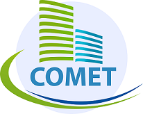 The COMET logo. The acronym COMET appears below an abstract representation of two skyscrapers.