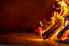 A wood-burning fireplace