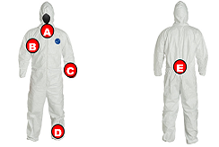 A side-by-side view of the front and back of a Tyvek brand protective suit