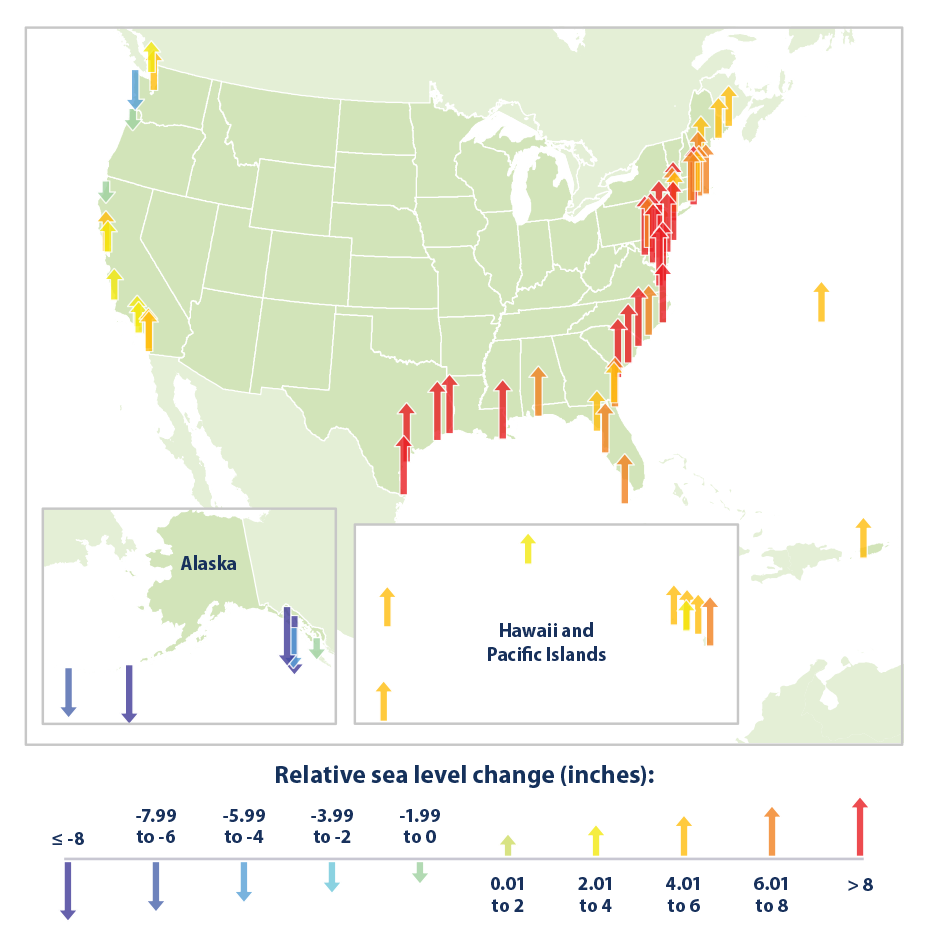 Color-coded map showing changes in relative sea level at points along the U.S coastline over more than a half-century.