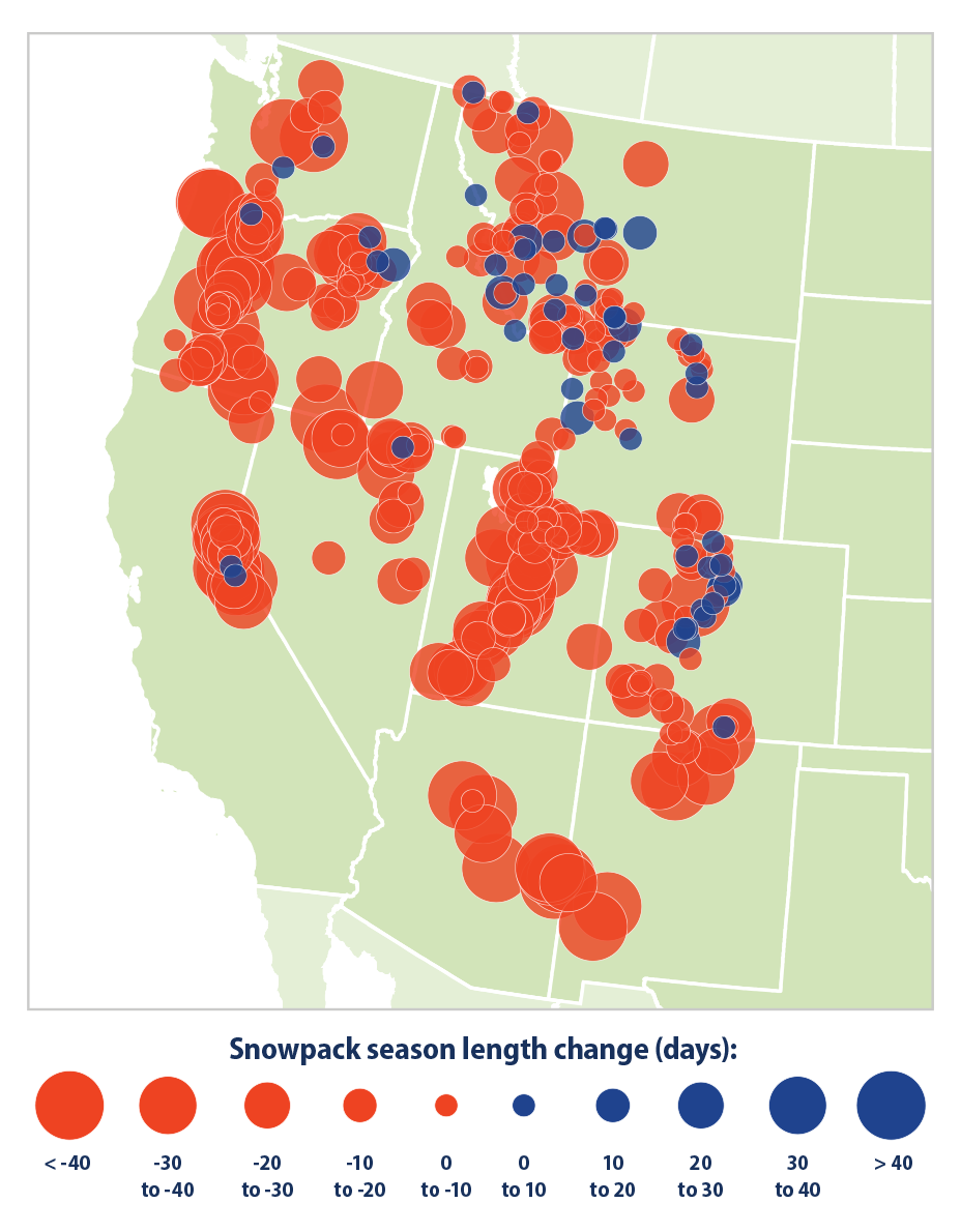 Map with color-coded circles showing the percentage increase or decrease in snowpack at measurement sites in the western United States.