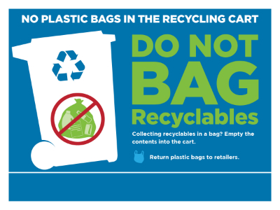 Sign stating “No Plastic Bags in the Recycling Cart - Do Not Bag Recyclables - Collecting recyclables in a bag? Empty the contents into the cart. Return plastic bags to retailers.” showing a large wheeled recycling bin with a full plastic bag inside of it and a red 'ban' symbol over the bag.