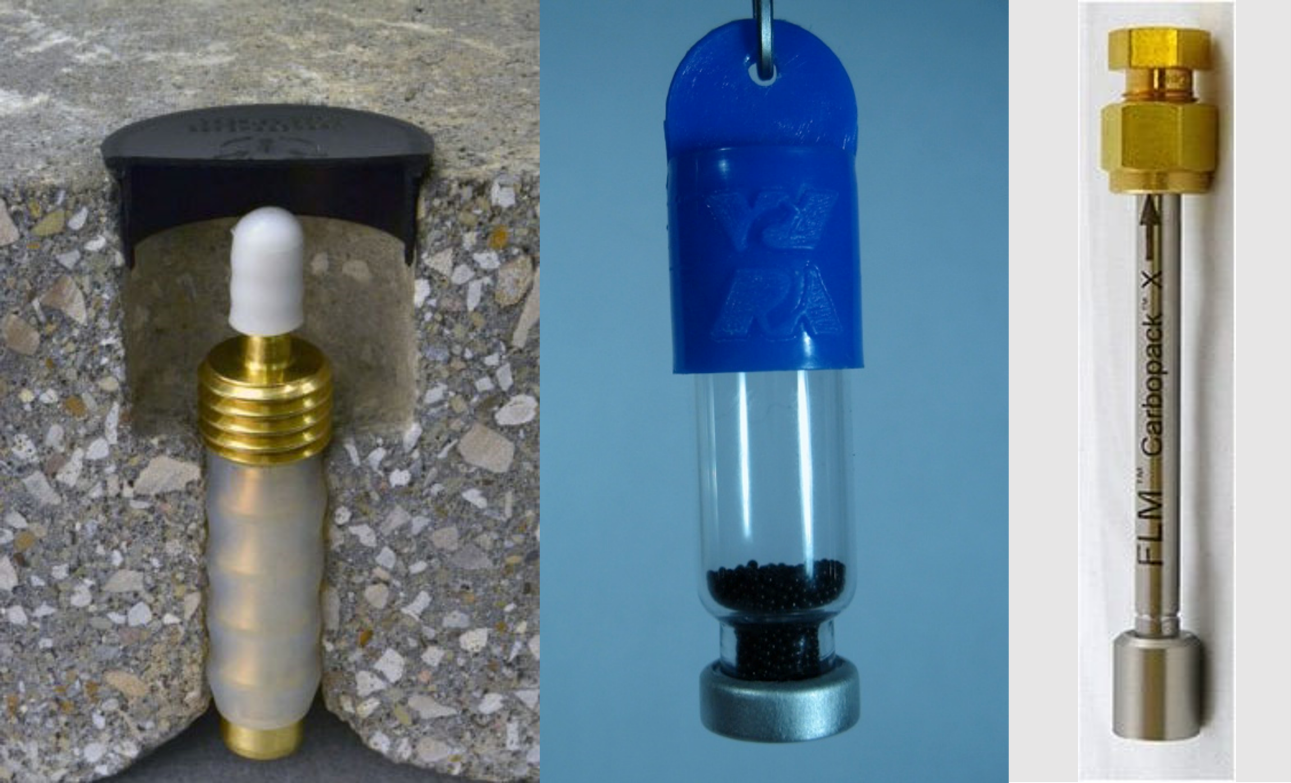 Examples of various devices used to sample for vapor intrusion. From left to right: A sampling port used to collect subslab soil gas; a permeation passive sampler; and a sorbent tube sampler. 
