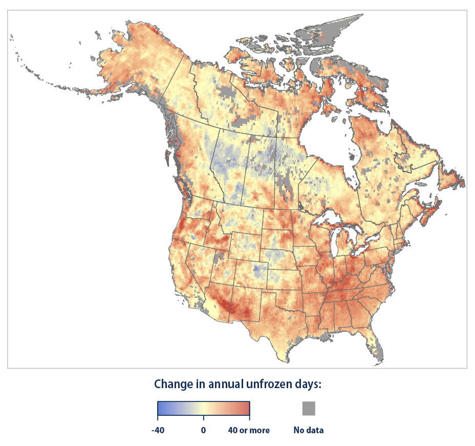 Map showing change in number of annual unfrozen days in North America from 1979 to 2021.