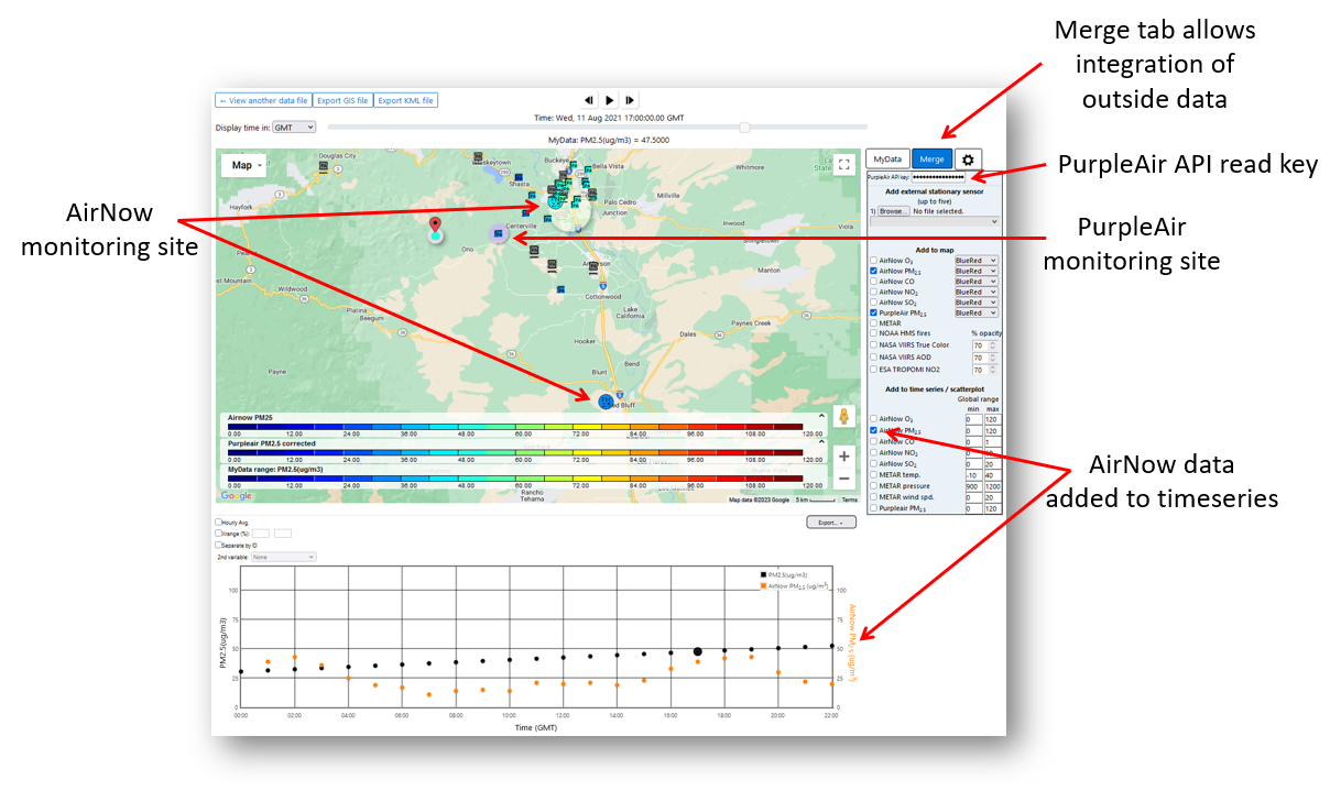 Highlighted screenshot showing AirNow and PurpleAir data on RETIGO map