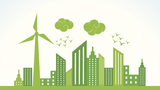 Illustration of a city with a large wind mill and clouds and birds. Monotone green color scheme