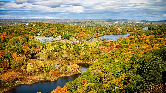 Aerial view of Fall foliage along the Quinnipiac river in Connecticut