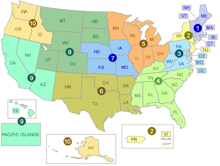 A map showing the 10 US EPA regions
