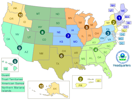 This is a US map of the 10 EPA regions