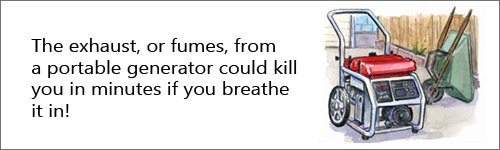 Image of portable power generator with text on the dangers of exhaust fumes