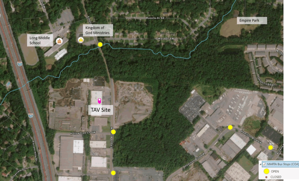 The TAV facility is bordered to the west by Interstate 75, to the south and east by commercial and industrial property, and to the north by residential areas and the Crawford W. Long Middle School. An unnamed tributary to the South River flows along the Facility’s northern border.