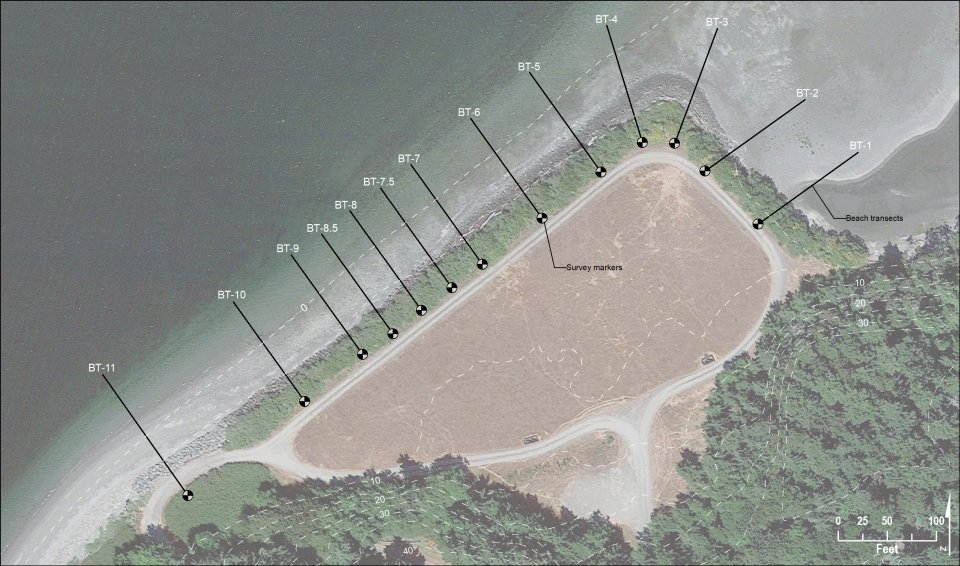 Image showing location of transects labeled BT-1 and moving around the shoreline counterclockwise to BT-11 in the lower right.