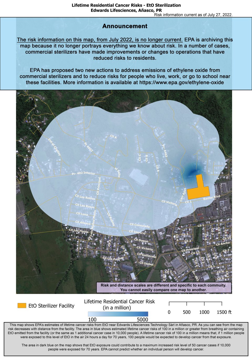 This map shows EPA’s estimate of lifetime cancer risks from breathing ethylene oxide near Edwards Lifesciences located at Parque Industrial Carr. PR-402, Km. 1.4 N, Añasco, PR.  Estimated cancer risk decreases with distance from the facility.  Nearest the facility, the estimated lifetime cancer risk is 5,000 in a million. This drops to 100 in a million and extends near Road PR-402 Km. 2.9 to the west, PR-4403 to the north, Valle Real Residential Development to the southwest.